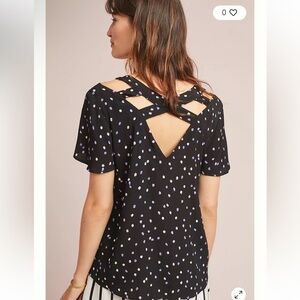 Anthropologie x Maeve Blouse in Black and White Cutout Back with Flutter Sleeves